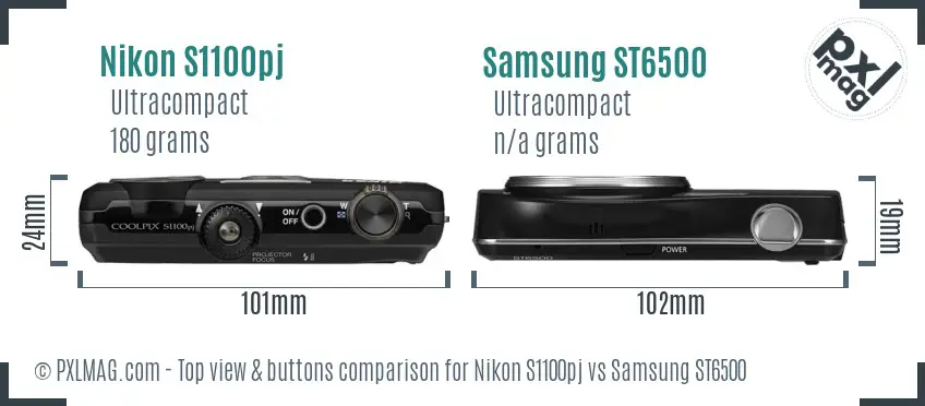 Nikon S1100pj vs Samsung ST6500 top view buttons comparison Nikon S1100pj vs Samsung ST6500 top view buttons comparison