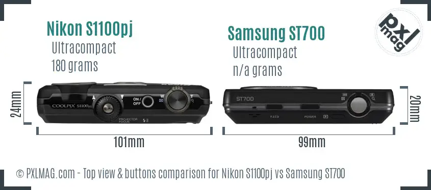 Nikon S1100pj vs Samsung ST700 top view buttons comparison