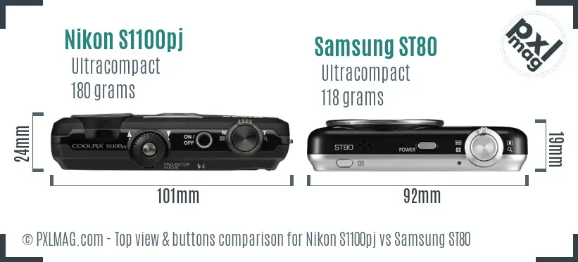 Nikon S1100pj vs Samsung ST80 top view buttons comparison