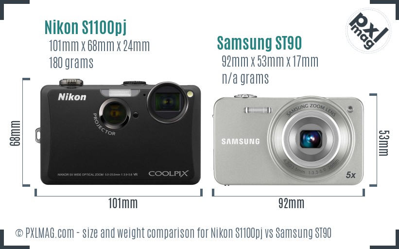 Nikon S1100pj vs Samsung ST90 size comparison