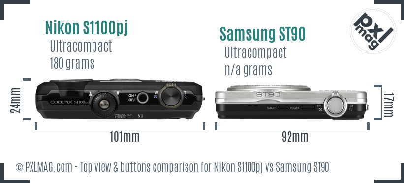 Nikon S1100pj vs Samsung ST90 top view buttons comparison