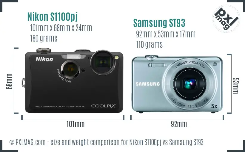 Nikon S1100pj vs Samsung ST93 size comparison