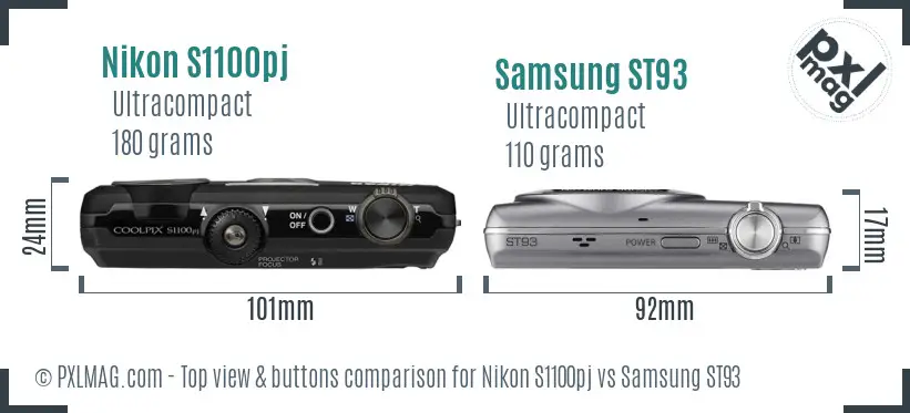 Nikon S1100pj vs Samsung ST93 top view buttons comparison