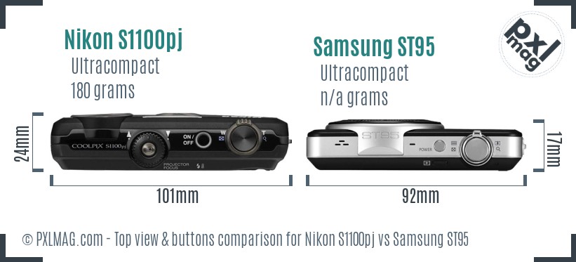 Nikon S1100pj vs Samsung ST95 top view buttons comparison