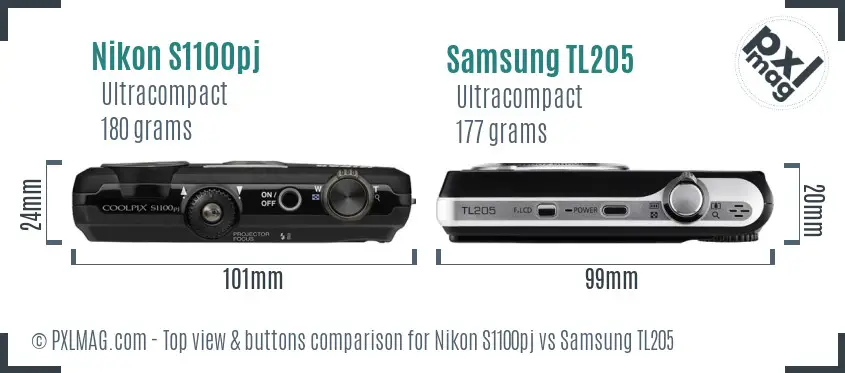 Nikon S1100pj vs Samsung TL205 top view buttons comparison