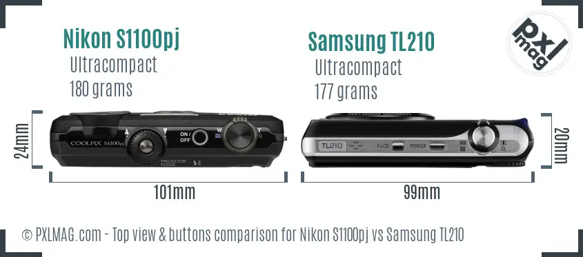 Nikon S1100pj vs Samsung TL210 top view buttons comparison