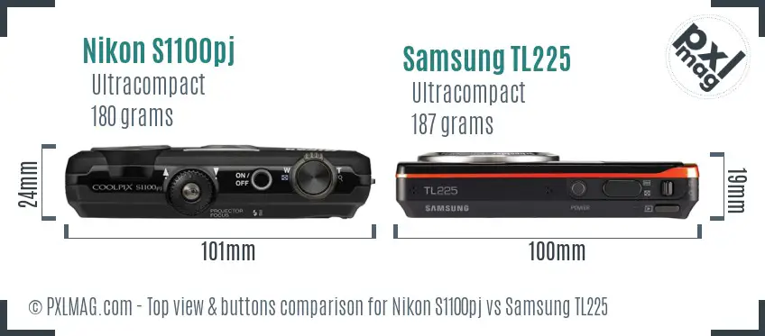 Nikon S1100pj vs Samsung TL225 top view buttons comparison