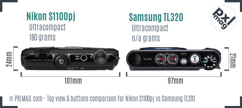 Nikon S1100pj vs Samsung TL320 top view buttons comparison
