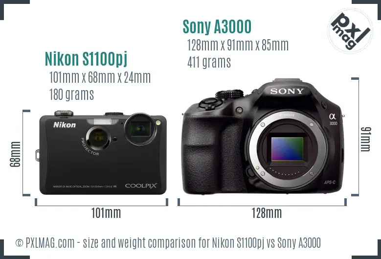 Nikon S1100pj vs Sony A3000 size comparison
