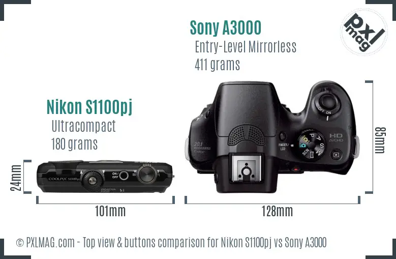 Nikon S1100pj vs Sony A3000 top view buttons comparison