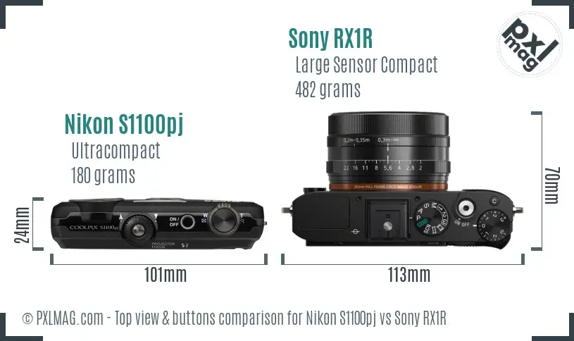 Nikon S1100pj vs Sony RX1R top view buttons comparison
