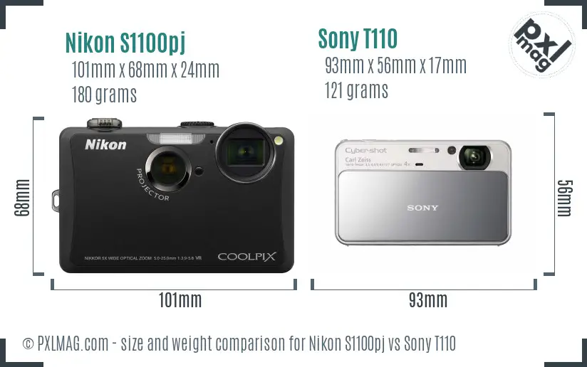 Nikon S1100pj vs Sony T110 size comparison