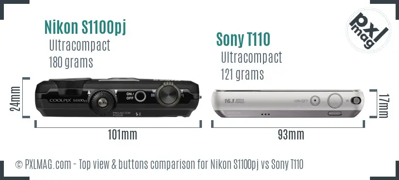 Nikon S1100pj vs Sony T110 top view buttons comparison