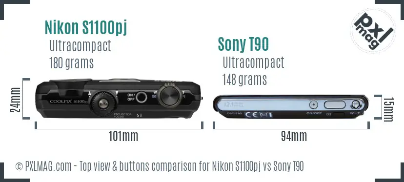 Nikon S1100pj vs Sony T90 top view buttons comparison