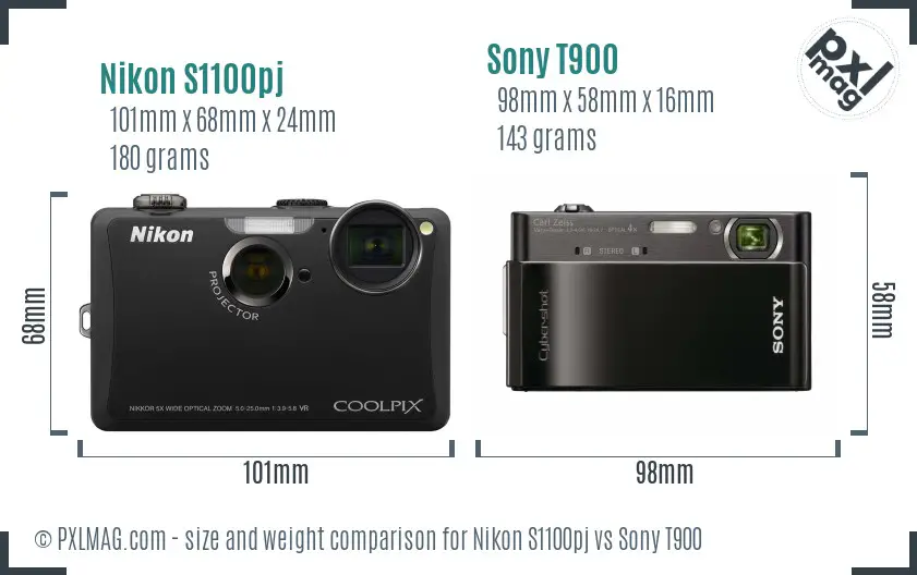 Nikon S1100pj vs Sony T900 size comparison