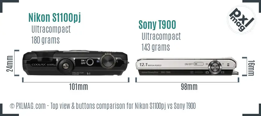 Nikon S1100pj vs Sony T900 top view buttons comparison