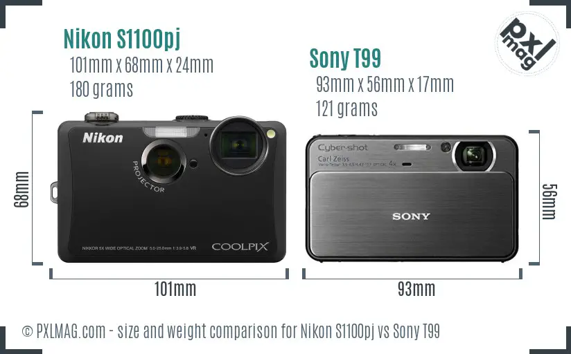 Nikon S1100pj vs Sony T99 size comparison