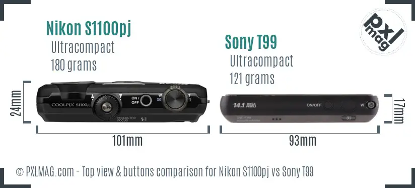 Nikon S1100pj vs Sony T99 top view buttons comparison