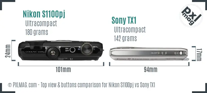 Nikon S1100pj vs Sony TX1 top view buttons comparison