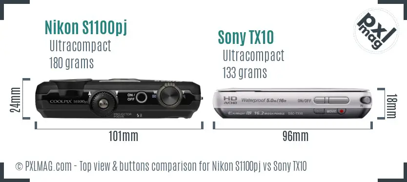 Nikon S1100pj vs Sony TX10 top view buttons comparison