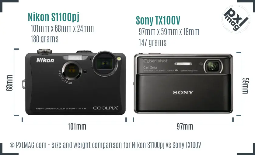 Nikon S1100pj vs Sony TX100V size comparison