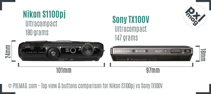 Nikon S1100pj vs Sony TX100V top view buttons comparison