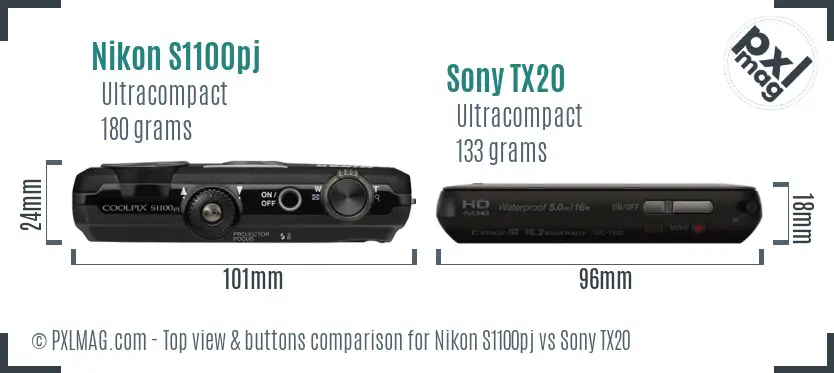 Nikon S1100pj vs Sony TX20 top view buttons comparison