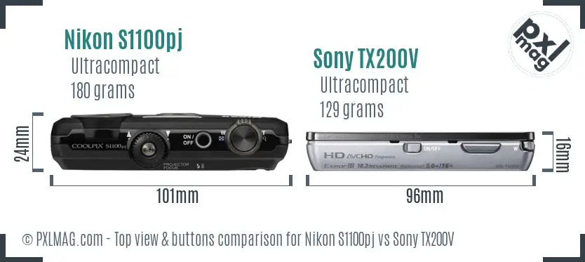 Nikon S1100pj vs Sony TX200V top view buttons comparison