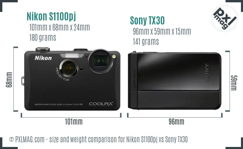 Nikon S1100pj vs Sony TX30 size comparison