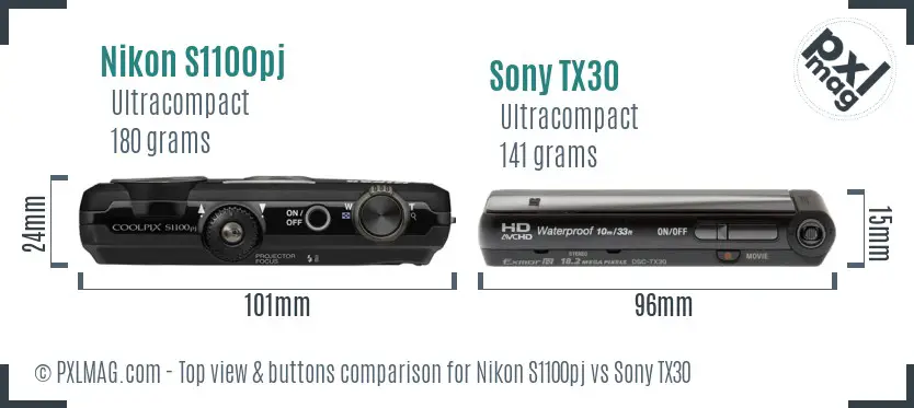 Nikon S1100pj vs Sony TX30 top view buttons comparison