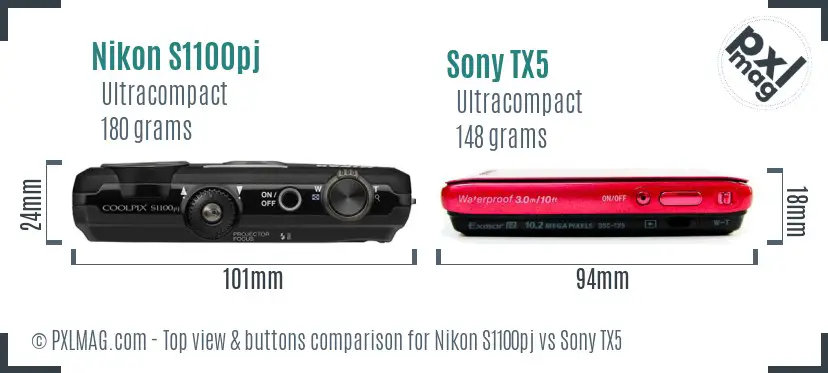 Nikon S1100pj vs Sony TX5 top view buttons comparison Nikon S1100pj vs Sony TX5 top view buttons comparison