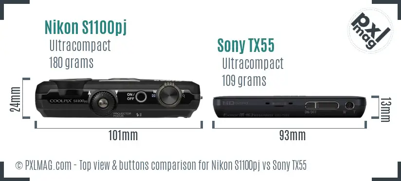 Nikon S1100pj vs Sony TX55 top view buttons comparison