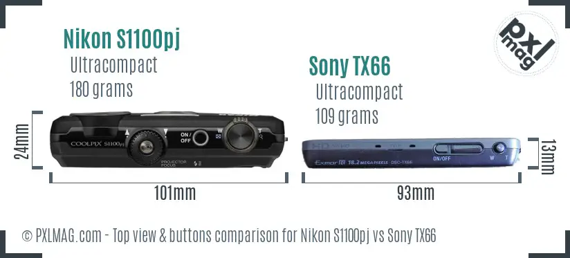 Nikon S1100pj vs Sony TX66 top view buttons comparison