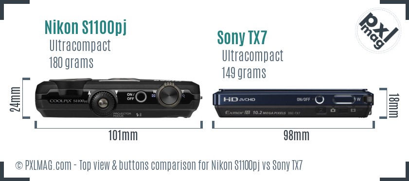 Nikon S1100pj vs Sony TX7 top view buttons comparison