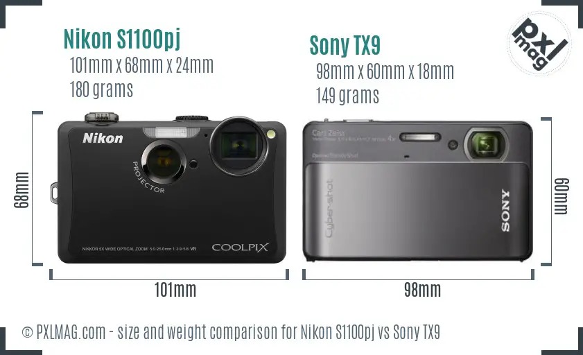 Nikon S1100pj vs Sony TX9 size comparison