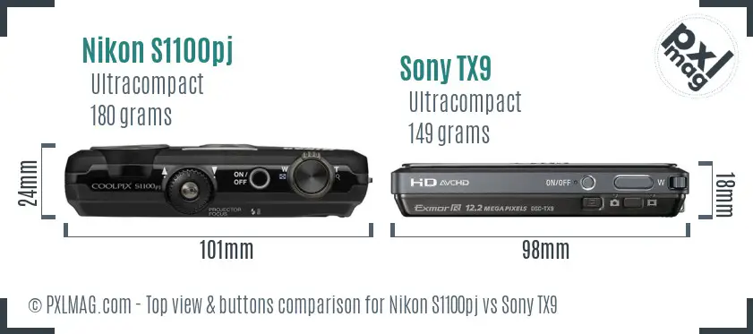 Nikon S1100pj vs Sony TX9 top view buttons comparison