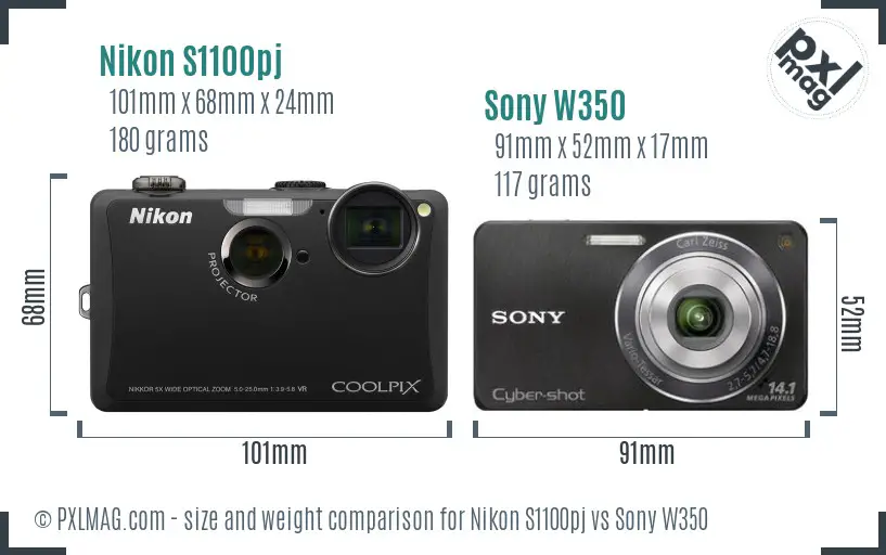 Nikon S1100pj vs Sony W350 size comparison