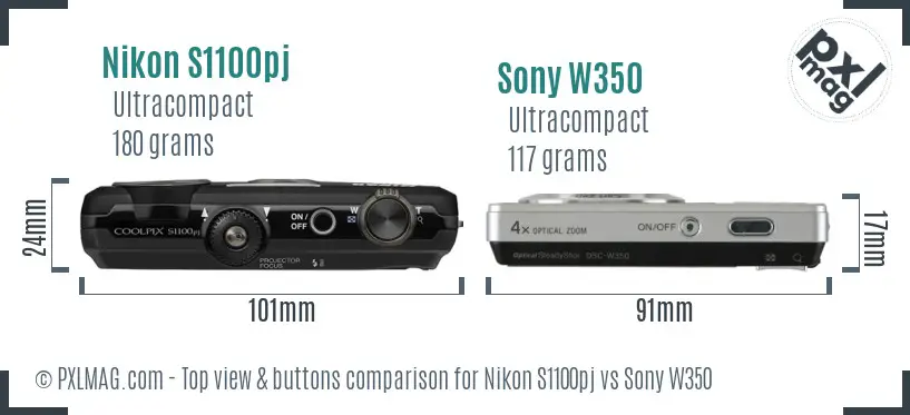 Nikon S1100pj vs Sony W350 top view buttons comparison