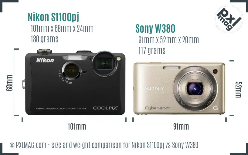 Nikon S1100pj vs Sony W380 size comparison