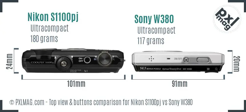 Nikon S1100pj vs Sony W380 top view buttons comparison