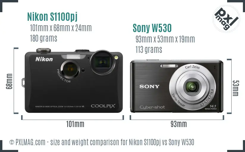 Nikon S1100pj vs Sony W530 size comparison