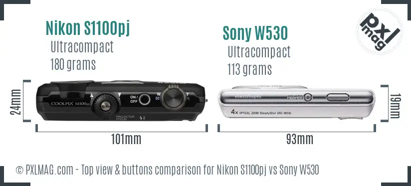 Nikon S1100pj vs Sony W530 top view buttons comparison