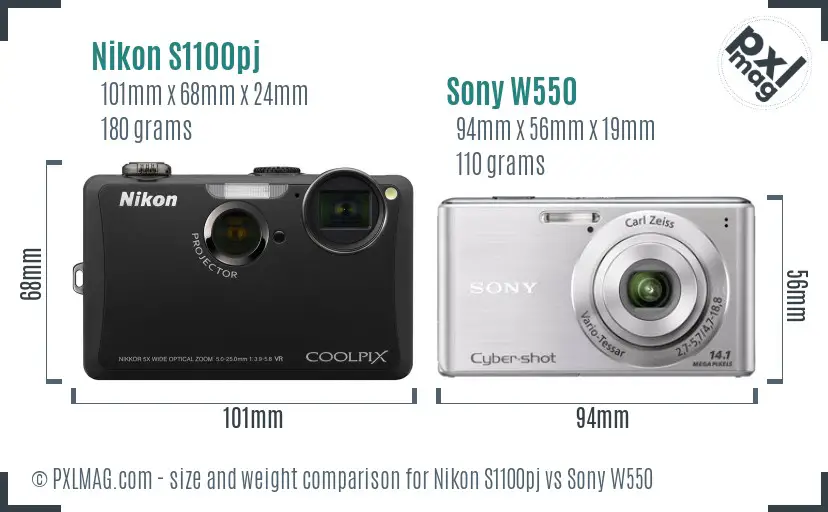 Nikon S1100pj vs Sony W550 size comparison