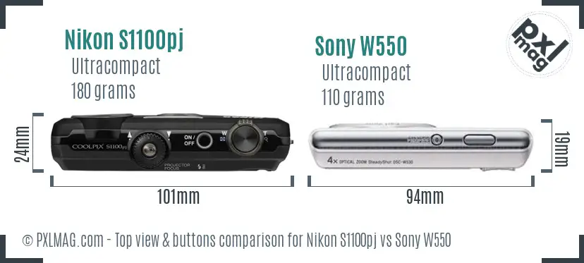 Nikon S1100pj vs Sony W550 top view buttons comparison