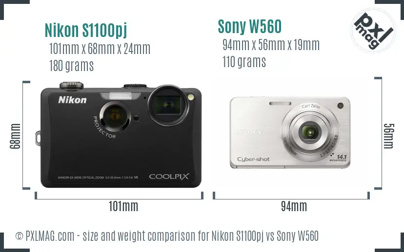 Nikon S1100pj vs Sony W560 size comparison