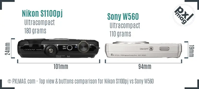 Nikon S1100pj vs Sony W560 top view buttons comparison