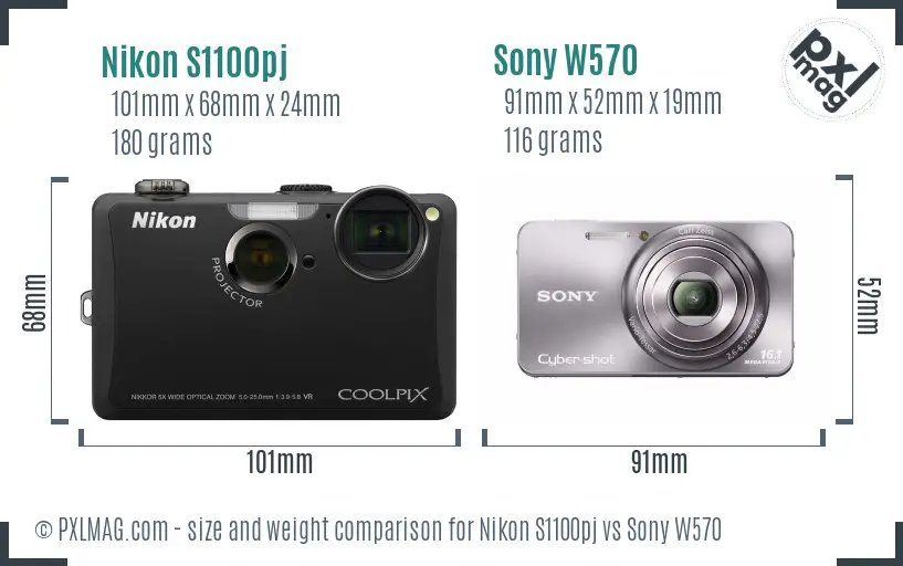 Nikon S1100pj vs Sony W570 size comparison