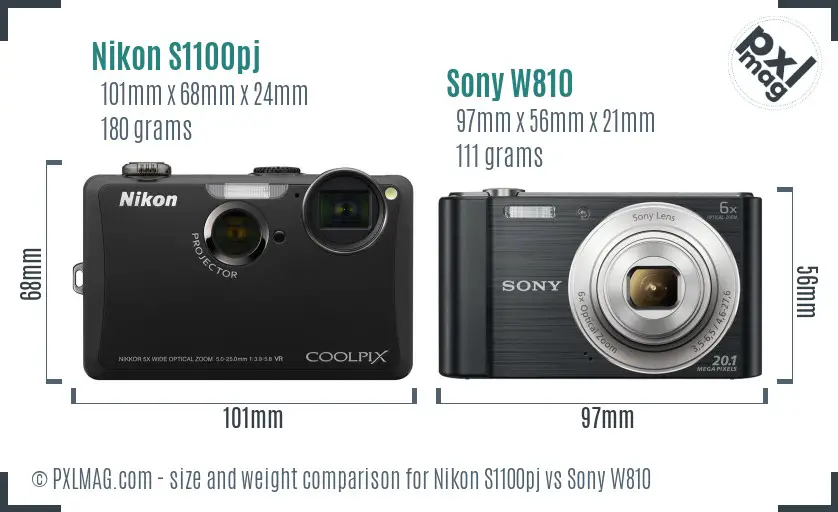 Nikon S1100pj vs Sony W810 size comparison