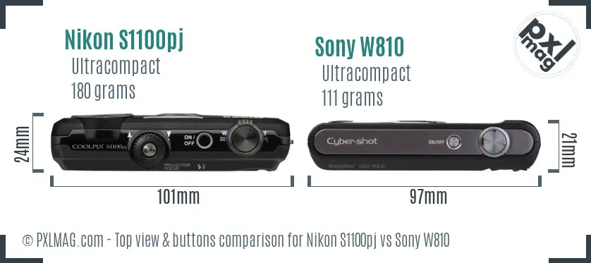 Nikon S1100pj vs Sony W810 top view buttons comparison