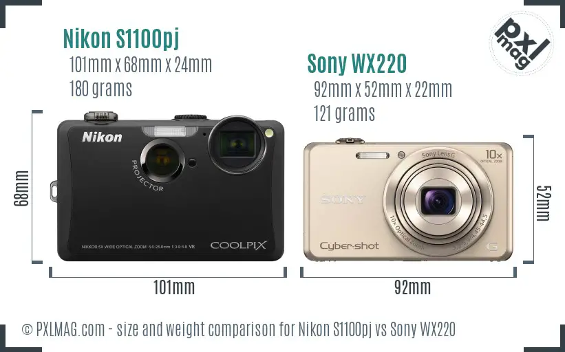 Nikon S1100pj vs Sony WX220 size comparison